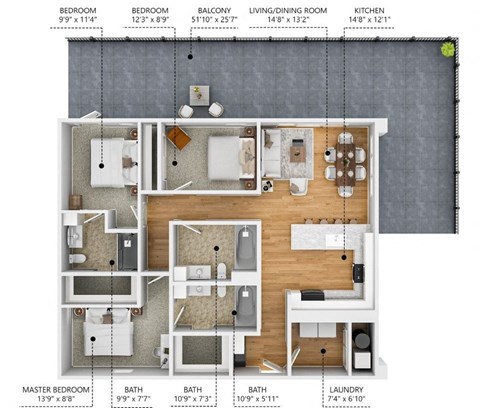 Floor plan for 3 beds, 3 baths, 1334 sqft